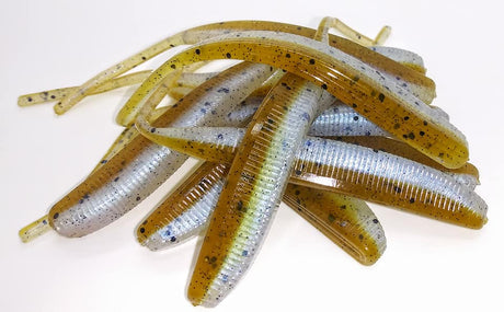 Homemade Angling A.i. soft plastic finesse baits in a green pumpkin over pearl-shad laminate